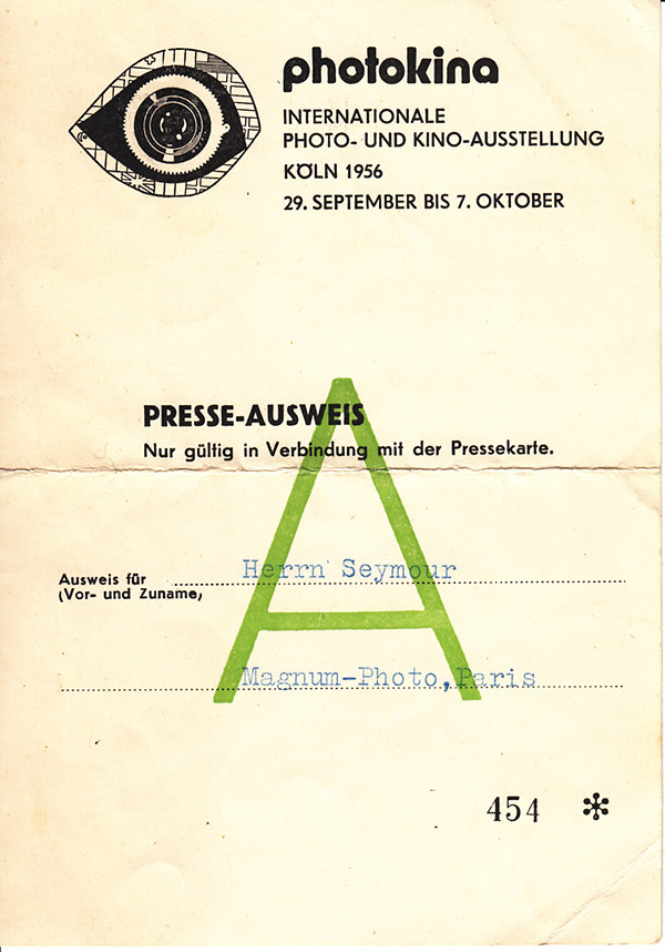 Chim’s press pass for the 1956 photokina fair in Cologne, where Magnum mounted its first major group exhibition, © Chim Archive
