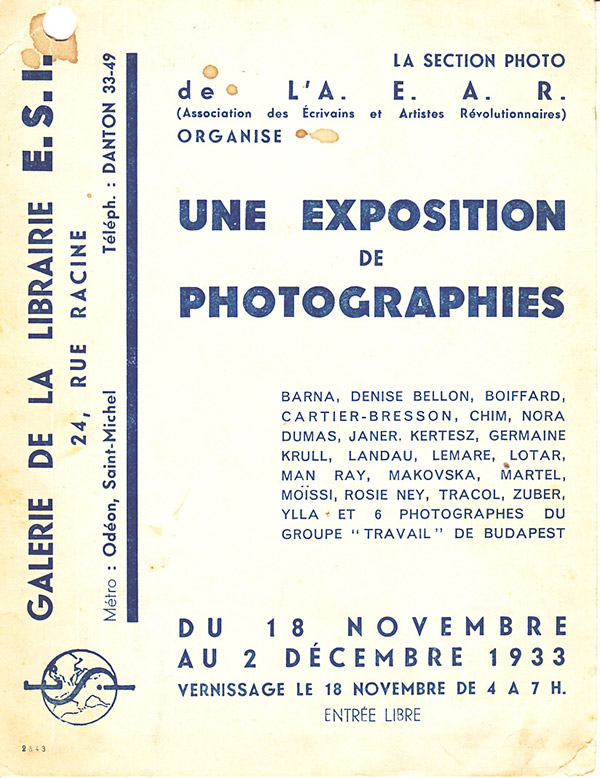 A flyer for a 1933 Paris photo exhibition  includes Chim, only a year into his career, among an impressive roster of photographers, © Chim Archive