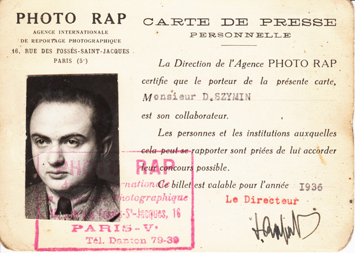 Chim’s 1936 press card from the French photo agency RAP, which was owned by a family friend, © Chim Archive