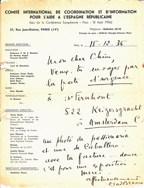 Letter from the Paris office of the International Committee of Coordination and Information for Assistance to Republican Spain asking Chim quickly to send two of his photos of Republican leaders to Amsterdam for an exhibition, © Chim Archive