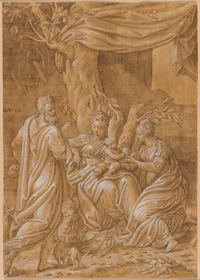 Antonio Campi, The Holy Family with Mary Magdalene and a Male Saint, c. 1547, pen and brown ink with brown wash, heightened with white gouache, over traces of black chalk, squared in black chalk, on laid paper, sheet: 37.1 x 26.2 cm (14 5/8 x 10 5/16 in.). National Gallery of Art, Washington, Ruth and Jacob Kainen Memorial Acquisition Fund 2019.141.1