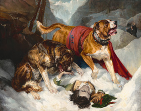 Sir Edwin Landseer, Alpine Mastiffs Reanimating a Distressed Traveler, 1820, oil on canvas