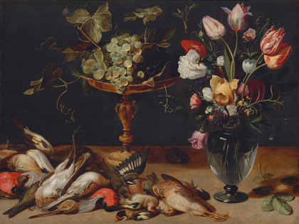 Frans Snyders, Still Life with Flowers, Grapes, and Small Game Birds, c. 1615, oil on panel, National Gallery of Art, Washington, Gift of Mr. and Mrs. John E. Pflieger