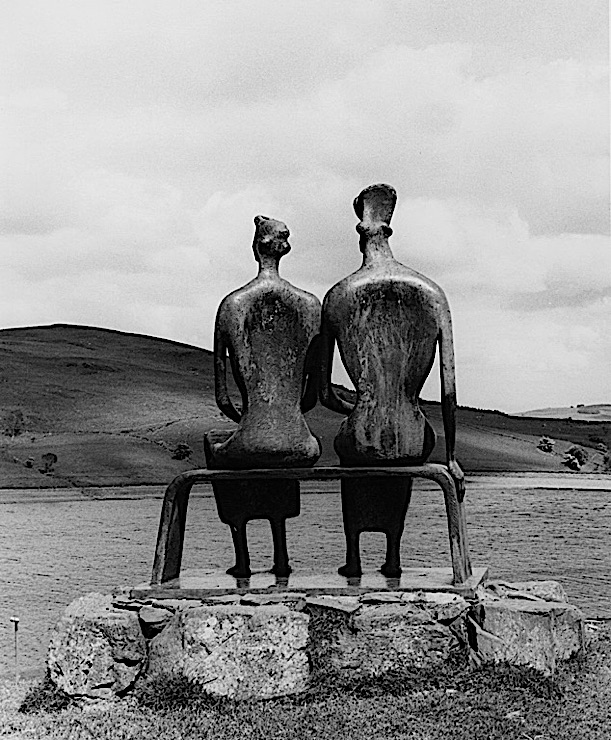 Black-and-white photograph of a Henry Moore sculpture, "King and Queen," in the Glenkiln Sculpture Park, Scotland