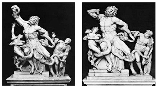 Left: Laocoön, early first century, with restored arms, Museo Pio Clementino, Vatican; silver gelatin print, photograph Brogi. Right: Laocoön, early first century, restoration removed, Museo Pio Clementino, Vatican; silver gelatin print, photograph Hirmer Verlag