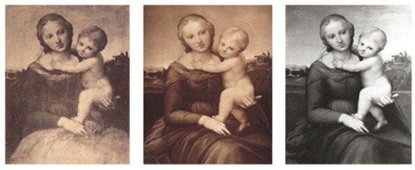 Left: Raphael, Small Cowper Madonna, c. 1505, before restoration (note discoloration across the Madonna's lap and the dark landscape); matte albumen print from Photographs of the "Gems of the Art Treasures Exhibition," Manchester, 1857, published jointly by Thomas Agnew and P. and D. Colnaghi, photograph Caldesi and Montecchi. Center: Raphael, Small Cowper Madonna, c. 1505, after minor restorations, background slightly less obscured; carbon print, c. 1910, photograph Adolphe Braun et Cie. Right: Raphael, Small Cowper Madonna, c. 1505, after modern restoration (note parapet behind Madonna and details in landscape not previously apparent); silver gelatin print, c. 1986, photograph National Gallery of Art 