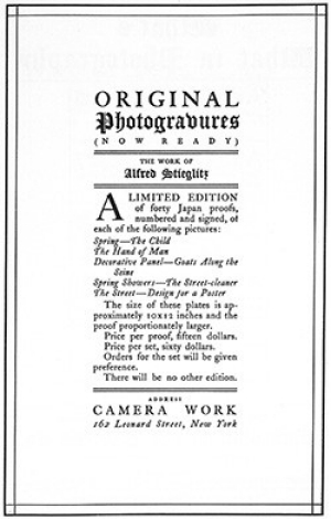 Advertisement for The Work of Alfred Stieglitz, from Camera Work 5 (January 1904)