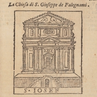 Black ink print on paper of a church façade above a door with steps, labeled S. Josef