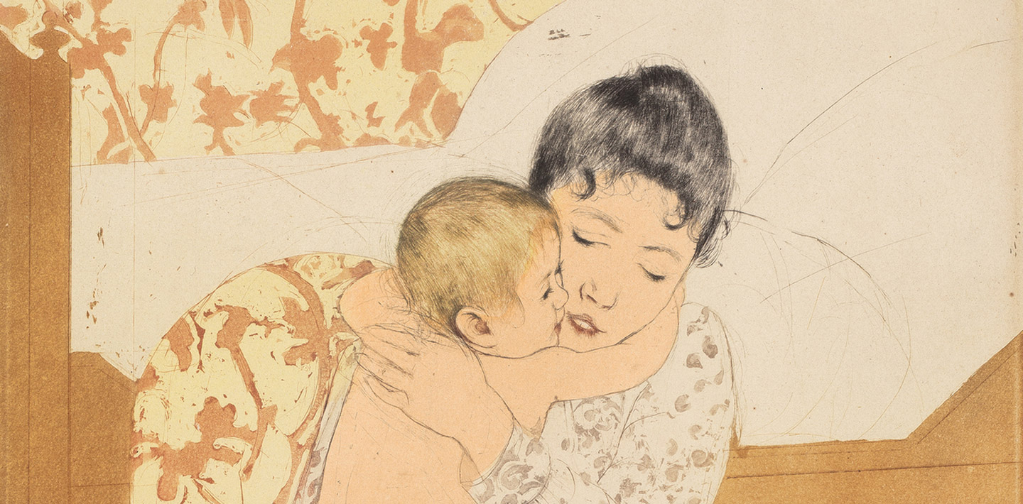 Mary Cassatt (artist), Maternal Caress, color drypoint and aquatint on laid paper plate: 36.8 x 26.8 cm (14 1/2 x 10 9/16 in.) sheet: 43.5 x 30.3 cm (17 1/8 x 11 15/16 in.)