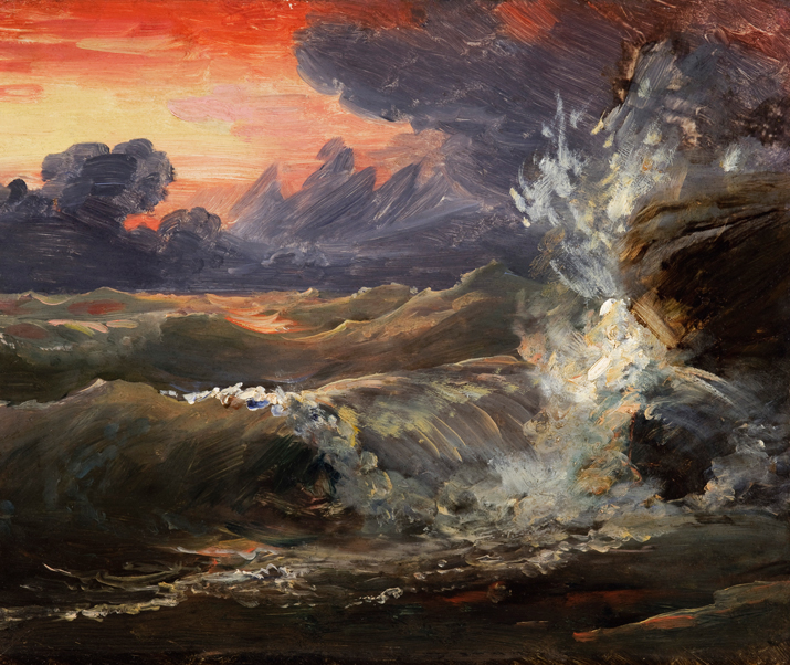 Image of the painting A Study of Waves Breaking against Rocks at Sunset