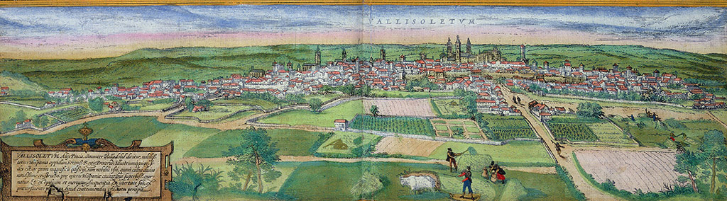 Fig. 2: View of Valladolid from Civitates orbis terrarum, by Georg Braun and Franz Hogenberg, with plates by Joris Hoefnagel, 1582, hand-colored engraving, private collection. Photo: The Stapleton Collection/Bridgeman Images
