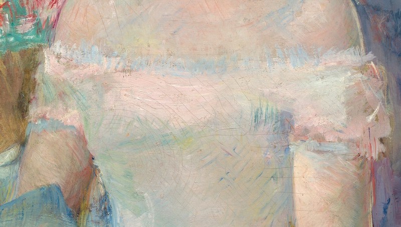 Close up detail of the bodice of the figure on the right in Mary Cassatt's The Loge