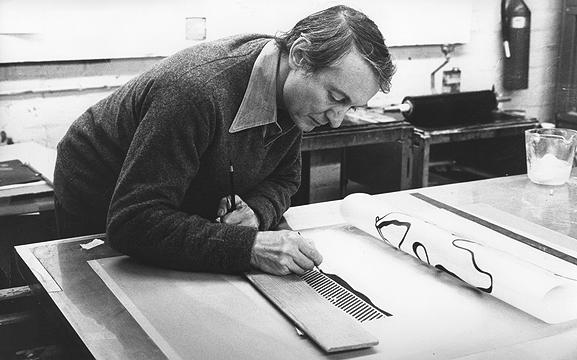 Roy Lichtenstein drawing on an aluminum lithographic plate for the Surrealist Series, February 1978