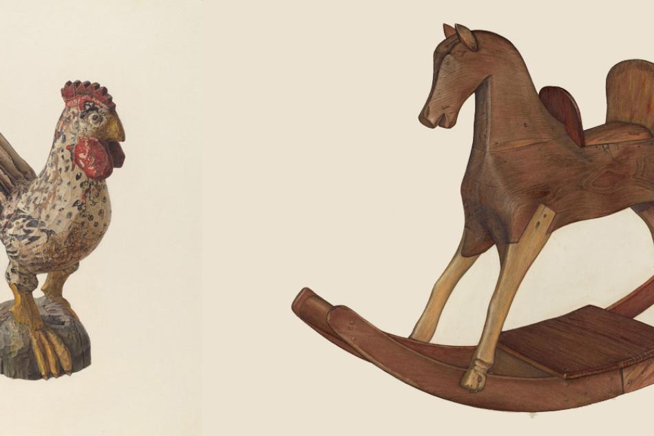 A rooster woodcarving and a wooden rocking horse.